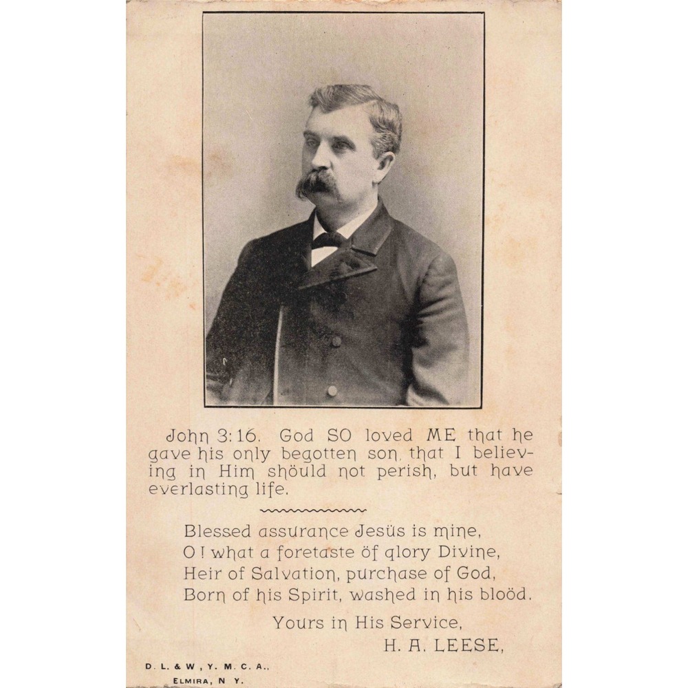 Antique H. A. Leese YMCA Elmira NY Religious Portrait Card John 3:16 Hymn VG - Picture 1 of 2